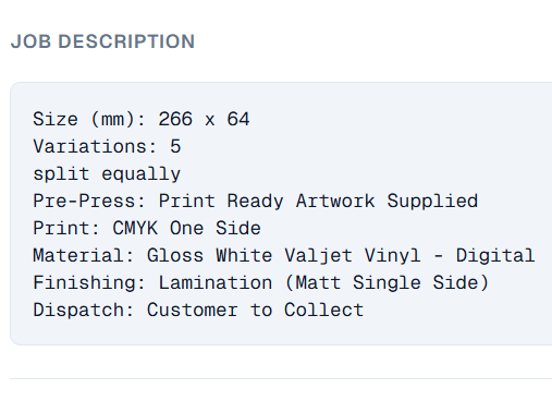 Print BMS job description showing size, variations, pre-press, print, material, finishing and dispatch specifications