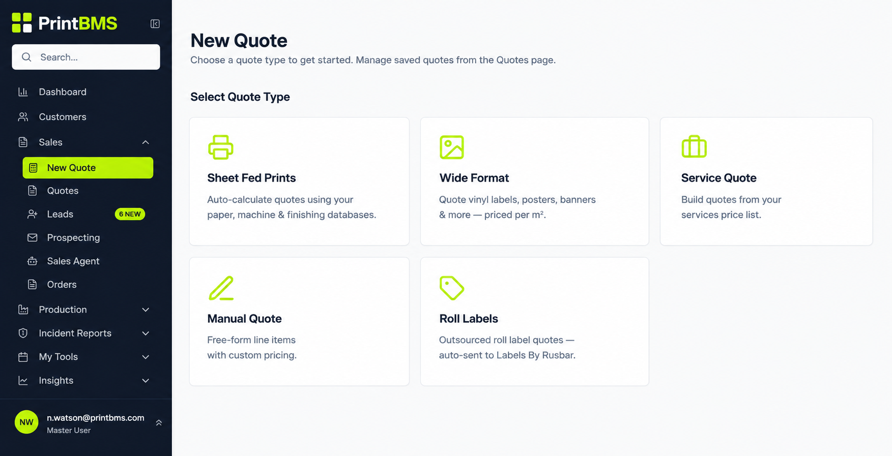 Print BMS New Quote screen showing quote type selection including Sheet Fed Prints, Wide Format, Service Quote, Manual Quote and Roll Labels